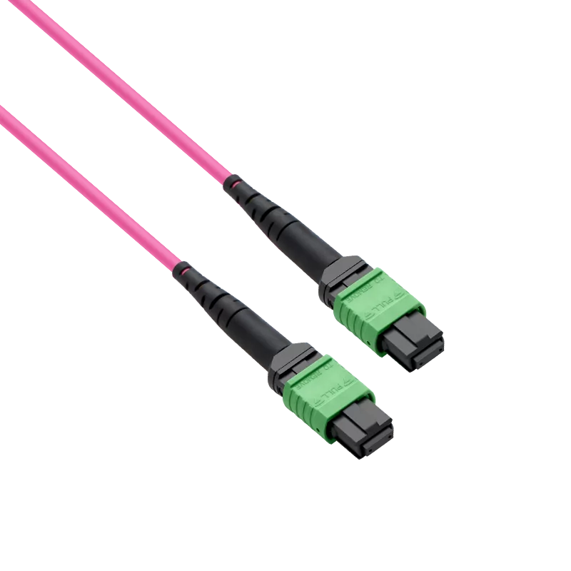 Pre-terminated MPO 4x4 Shuffle Breakout Cable, 32 Fibers, 4 x MPO-8 APC (Male) to 4 x MPO-8 APC (Male), Multimode (OM4), Type 4, LSZH/OFNP, 0.35dB Max, Breakout 80cm, Magenta