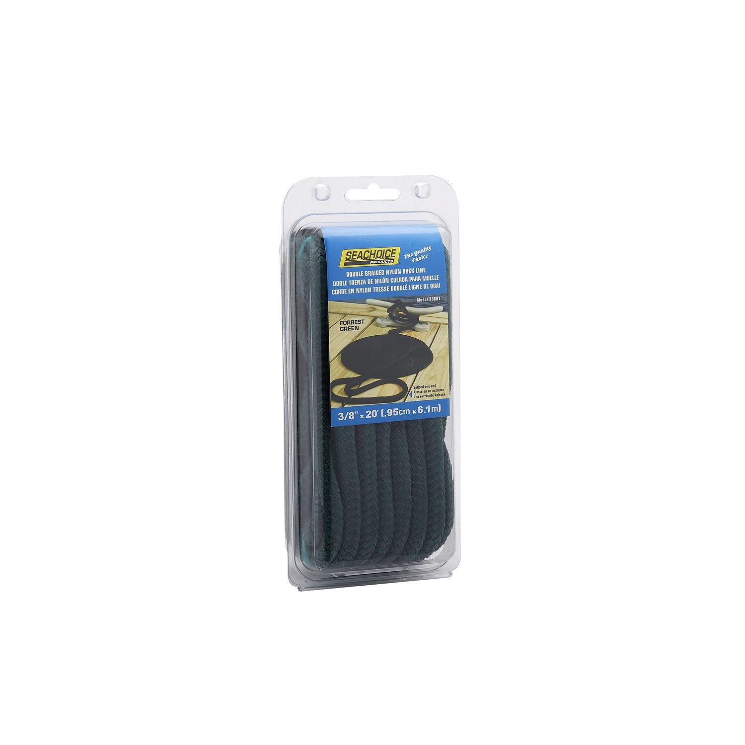 Seachoice Double-Braid Nylon Dock Line w/ Eye Splice, Pre-Shrunk, Heat Stabilized, 3/8 In. X 20 Ft., Forest Green
