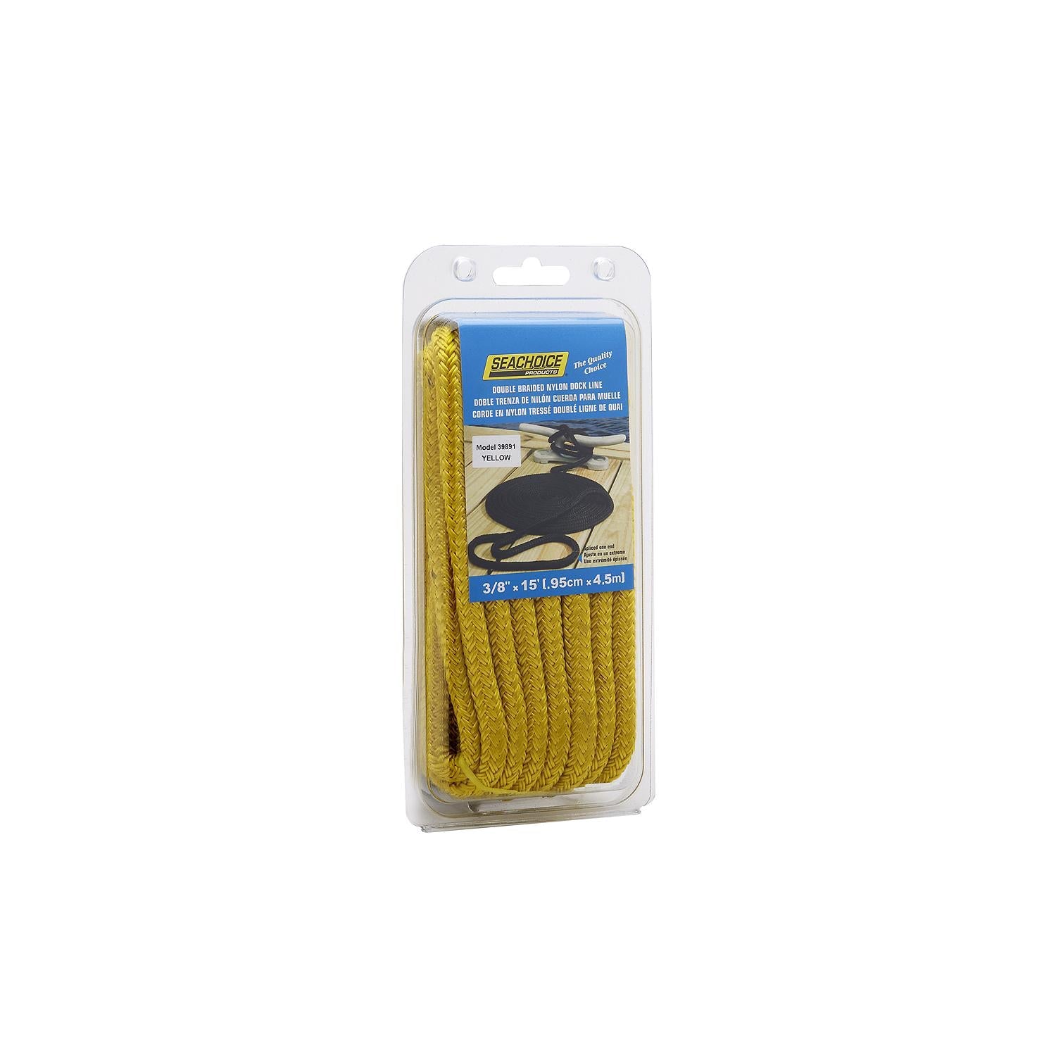 Seachoice Double-Braid Nylon Dock Line w/ Eye Splice, Pre-Shrunk, Heat Stabilized, 3/8 In. X 15 Ft., Yellow