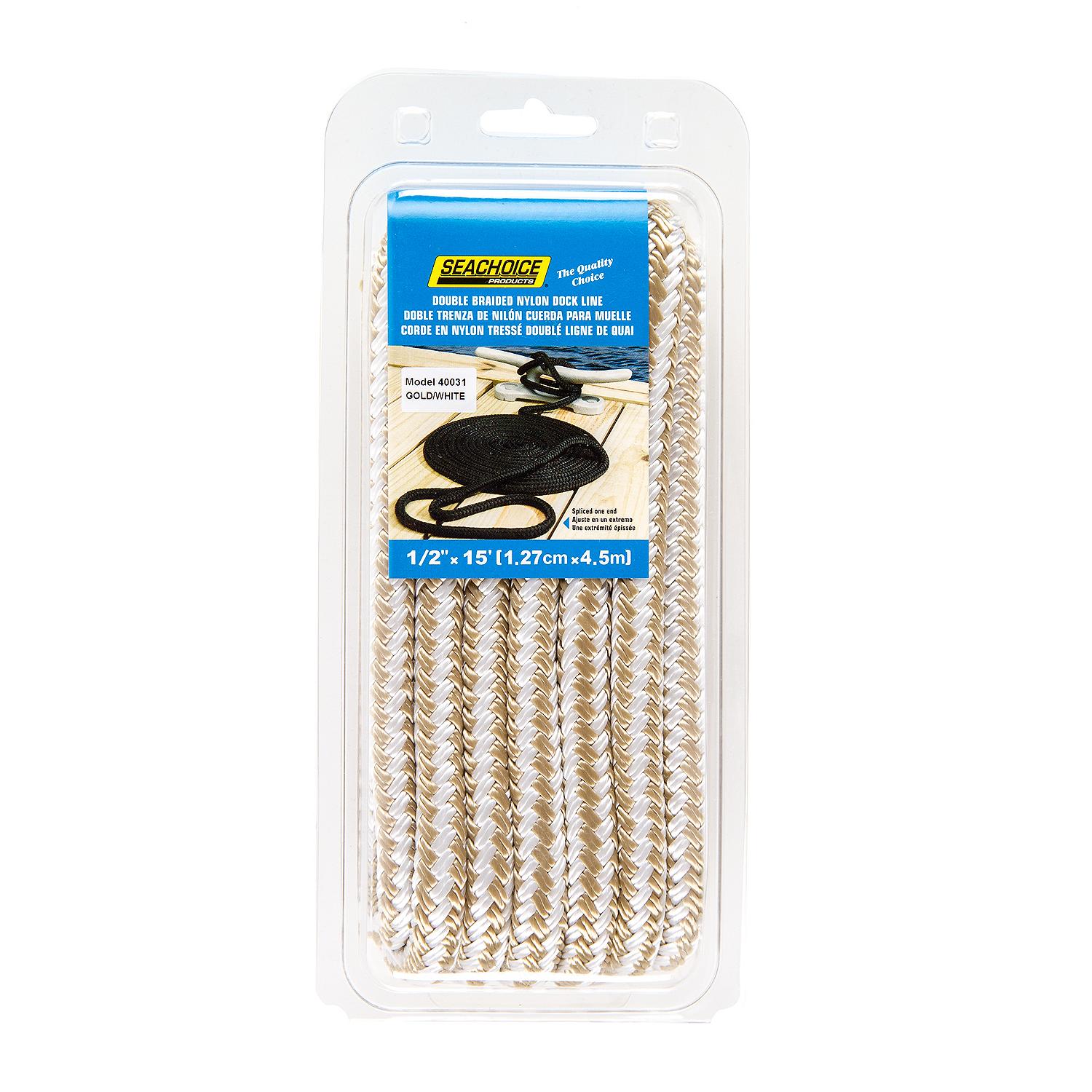 Seachoice Double-Braid Nylon Dock Line w/ Eye Splice, Pre-Shrunk, Heat Stabilized, 1/2 In. X 15 Ft., Gold White