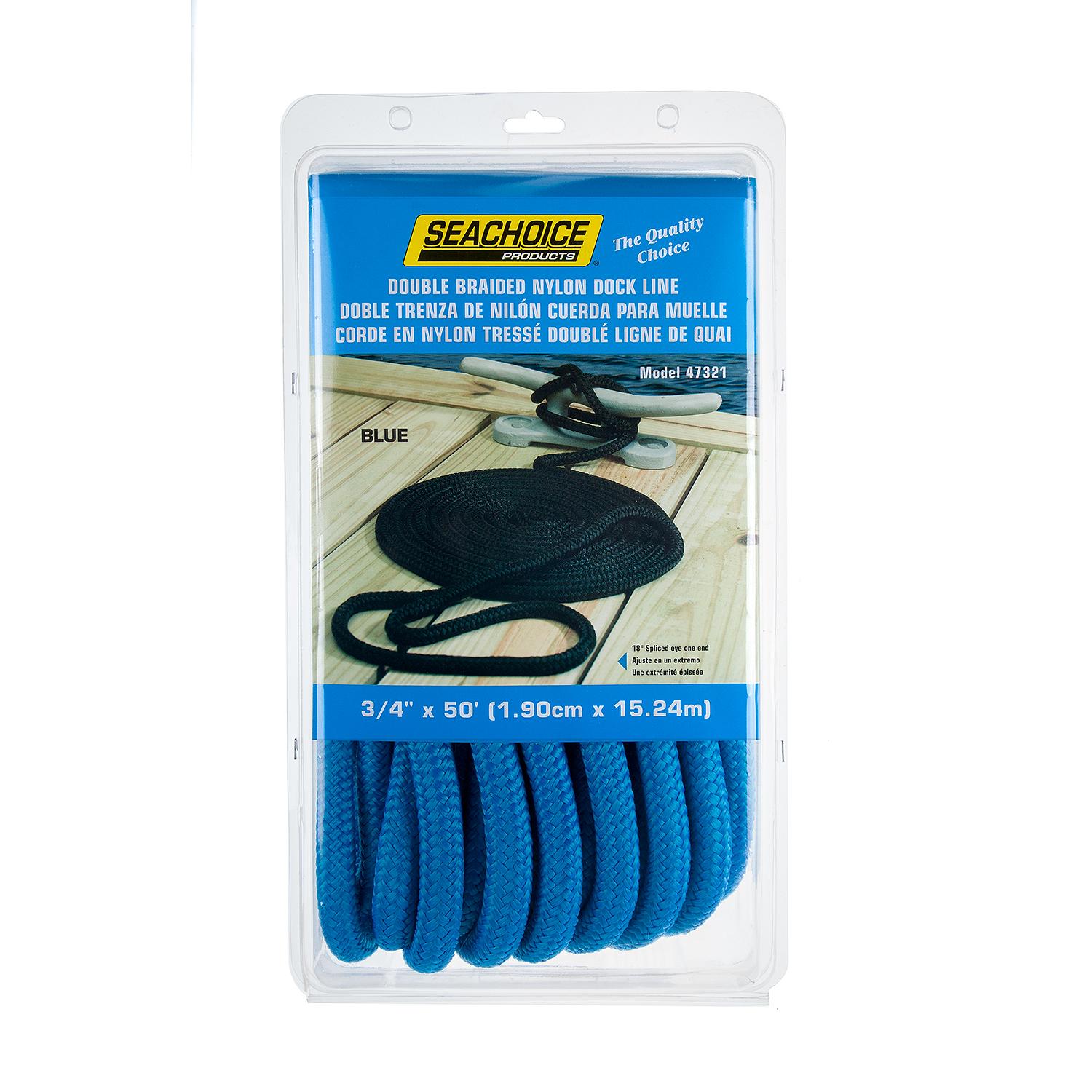 Seachoice Double-Braid Nylon Dock Line w/ Eye Splice, Pre-Shrunk, Heat Stabilized, 3/4 In. X 50 Ft., Blue