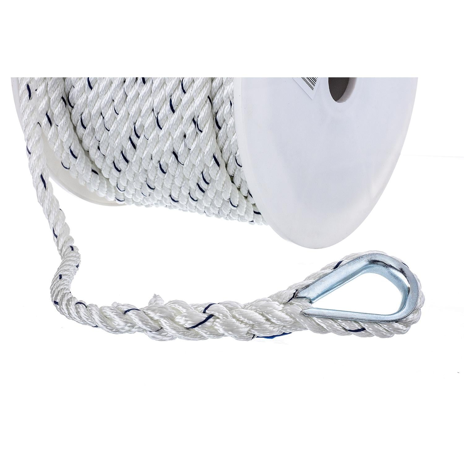 Seachoice 47721 Premium 3-Strand Twisted Nylon Anchor Line White w/ Blue Tracer, 3/8" x 150'