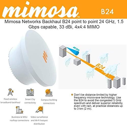 Mimosa Backhaul B24 Point-to-Point 24 GHz, 1.5 Gbps Capable, 33 dBi, 4x4:4 MIMO, PoE Power Supply, Gigabit ethernet (RJ45) and gigabit Fiber (SFP cage), Operation Modes: Hot Standby|B07D2H5BNN