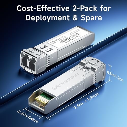 Cable Matters 2-Pack 10GBASE-SR SFP+ to LC Multimode 10G Fiber Transceiver Module, 10G, MMP Fiber, Up to 300m, for Cisco, Ubiquiti, TP-Link, D-Link, MikroTik, Netgear, Supermicro, HPE Aruba|B07TTKHG6T