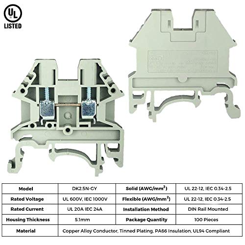 DIN Rail Terminal Blocks Gray Kit by International Connector 20 Dinkle DK2.5N 12 AWG Gauge 20A 600V Ground DK4N-PE Jumper DSS2.5N-10P End Covers End Brackets Grey|B07RWF97XT