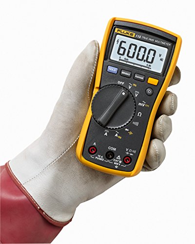 Fluke 115 Digital Multimeter, Measures AC/DC Voltage to 600 V and Current to 10 A, Resistance, Continuity, Frequency and Capacitance Testing, Includes Battery, Holster and 4 mm PVC-Insulated Test Leads