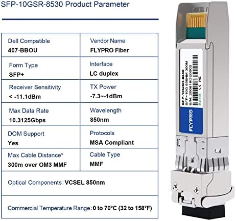 FLYPROFiber- 10GBase-SR SFP+ Transceiver, 10G SR LC Fiber Optics Multimode Module for Dell 407-BBOU (MMF 850nm 300m DOM)|B08FWYJDY6