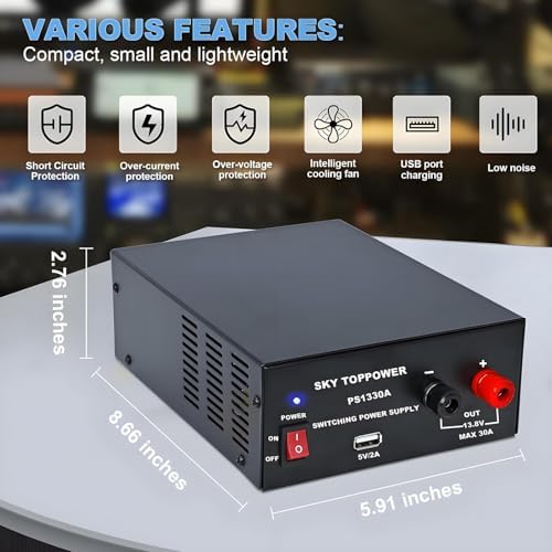 13.8V 30A DC Power Supply for Ham Radio,30 Amp Compact Regulated Bench Power Supply Lab Benchtop AC to DC Converter,Cooling Fan,5V 2A USB Interface,Powering Ham Radio, Amplifiers,SKY TOPPOWER PS1330A