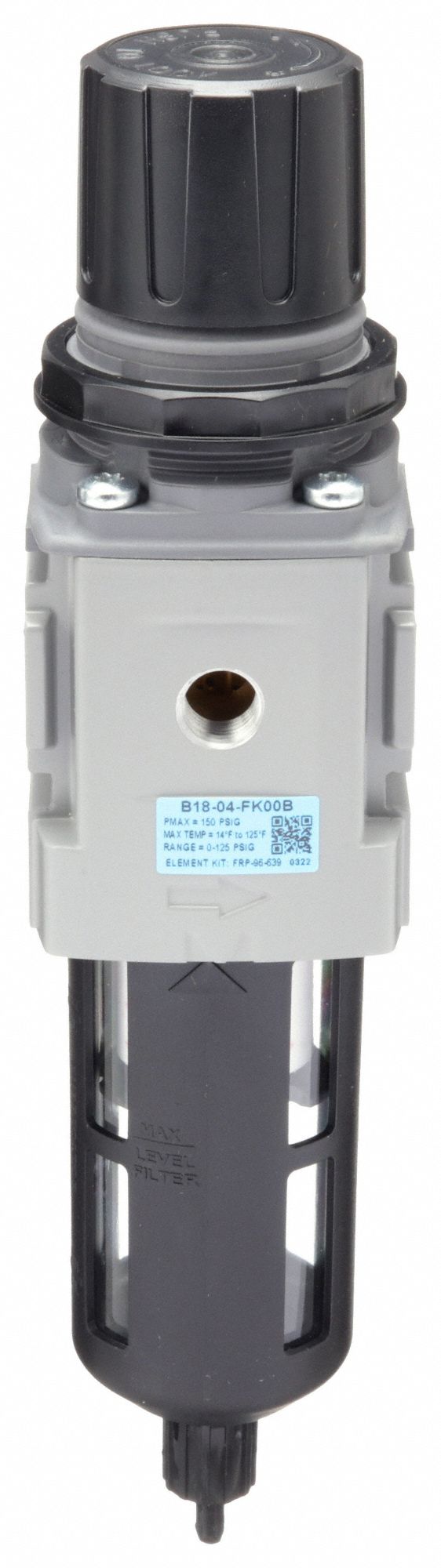 WILKERSON Filter-Regulator: B18 Series, 1/2 in NPT, 164 cfm, 5 micron, 0 psi to 125 psi, Aluminum