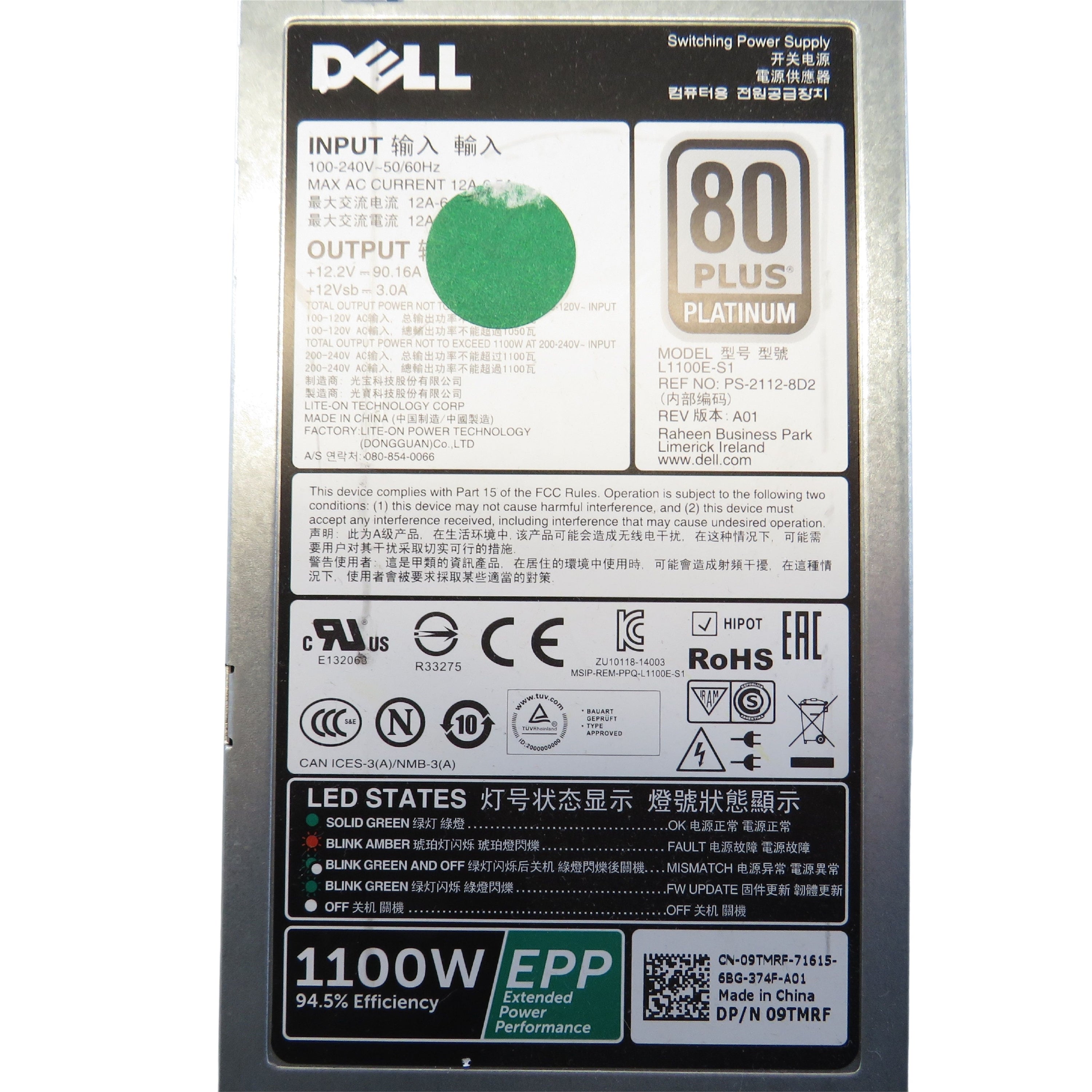 Dell 9TMRF 1100W PowerEdge R430 R530 R630 R730 Server Power Supply (Refurbished)