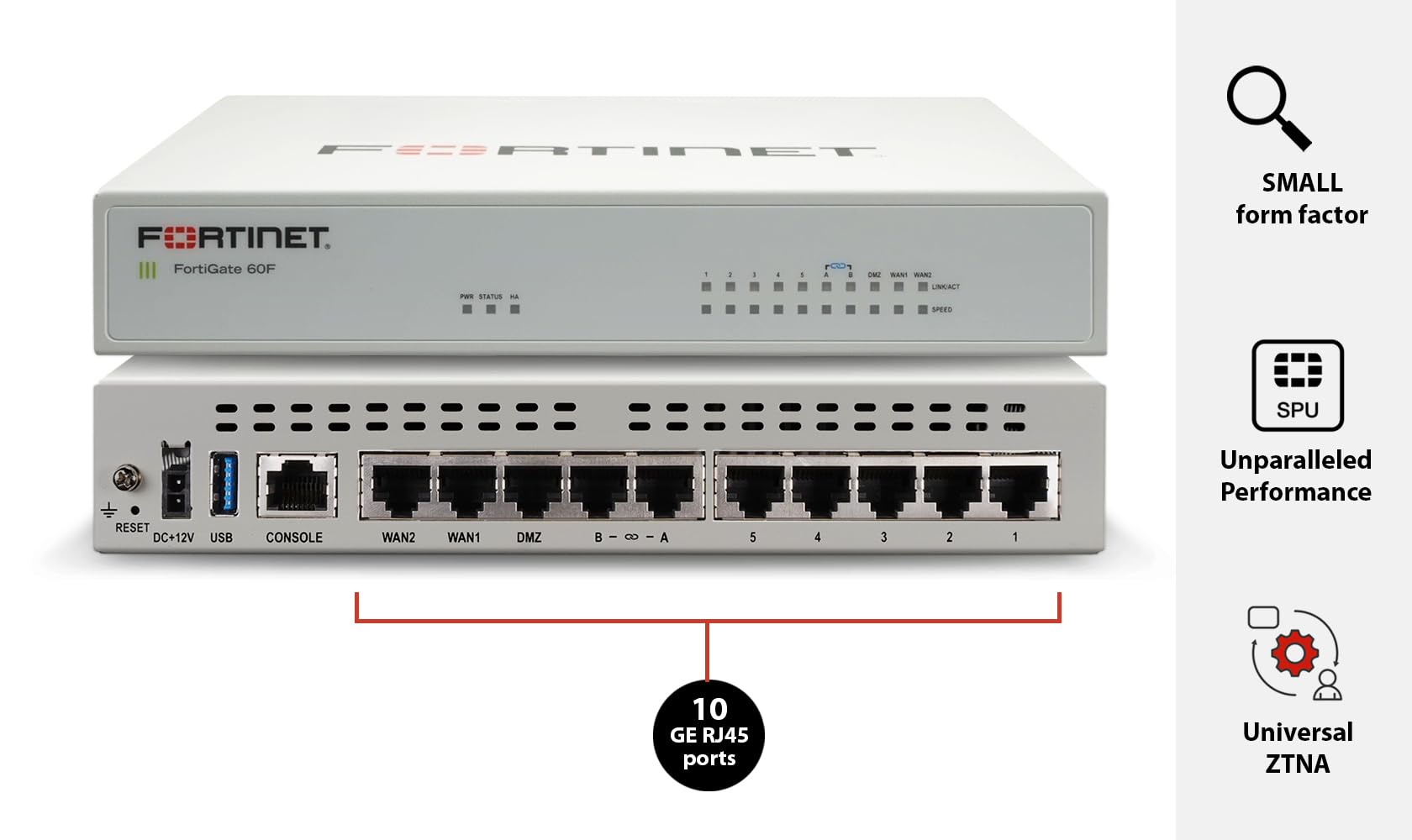 FortiGate-60F Firewall Appliance - 10 Gigabit Ethernet RJ45 Ports, Includes DMZ, WAN & Internal Ports (Appliance Only, No Subscription) (FG-60F)