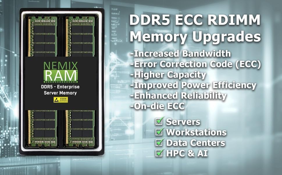 NEMIX RAM 64GB (1X64GB DDR5 4800MHZ PC5-38400 2Rx4 1.1V CL40 288-PIN ECC RDIMM Registered Server Memory Compatible with Dell PowerEdge R760xs Rack Server