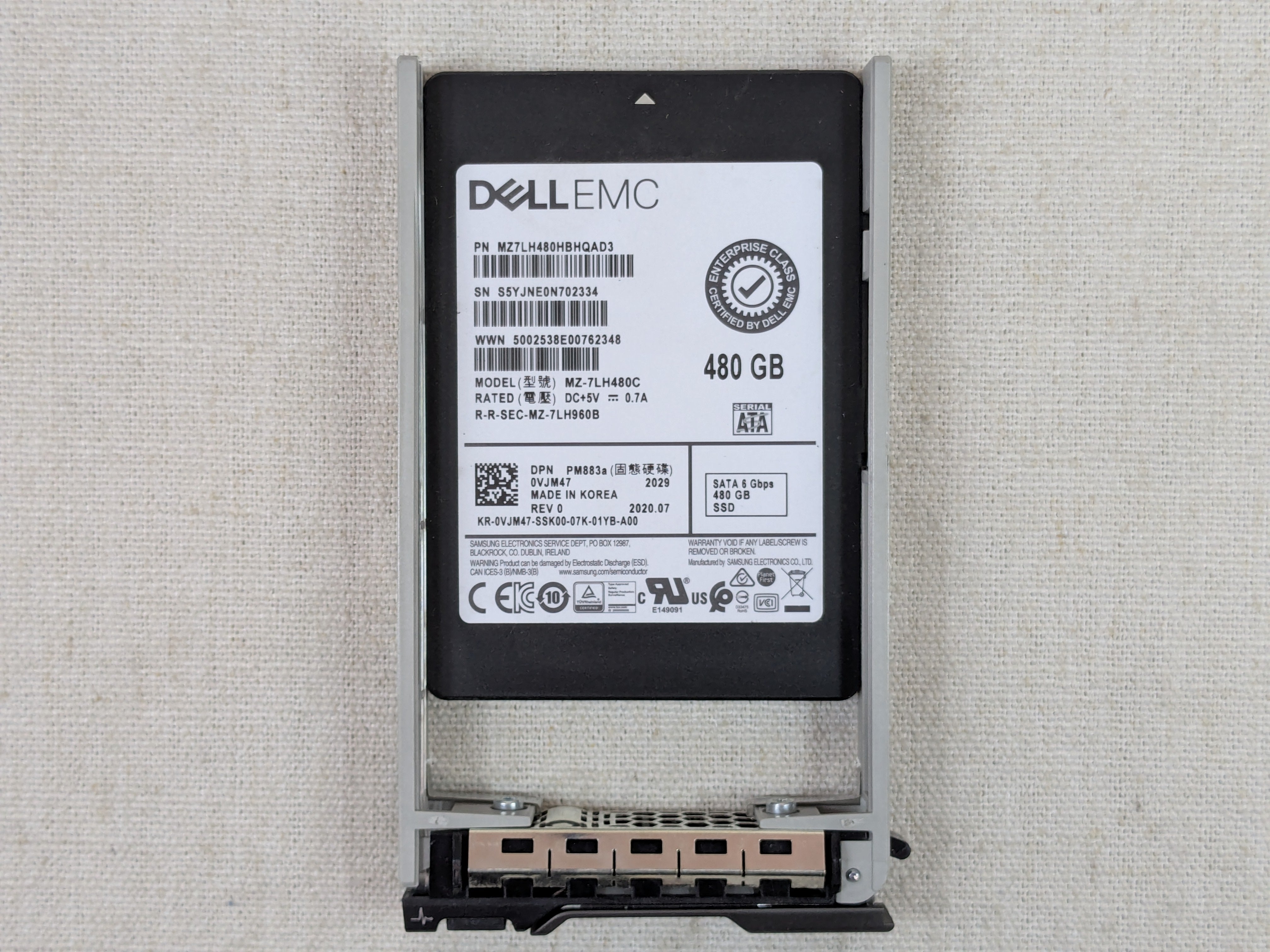 Dell VJM47 480GB 6Gb/s 2.5" SATA RI TLC SSD Samsung PM883a MZ-7LH480C 13G Tray