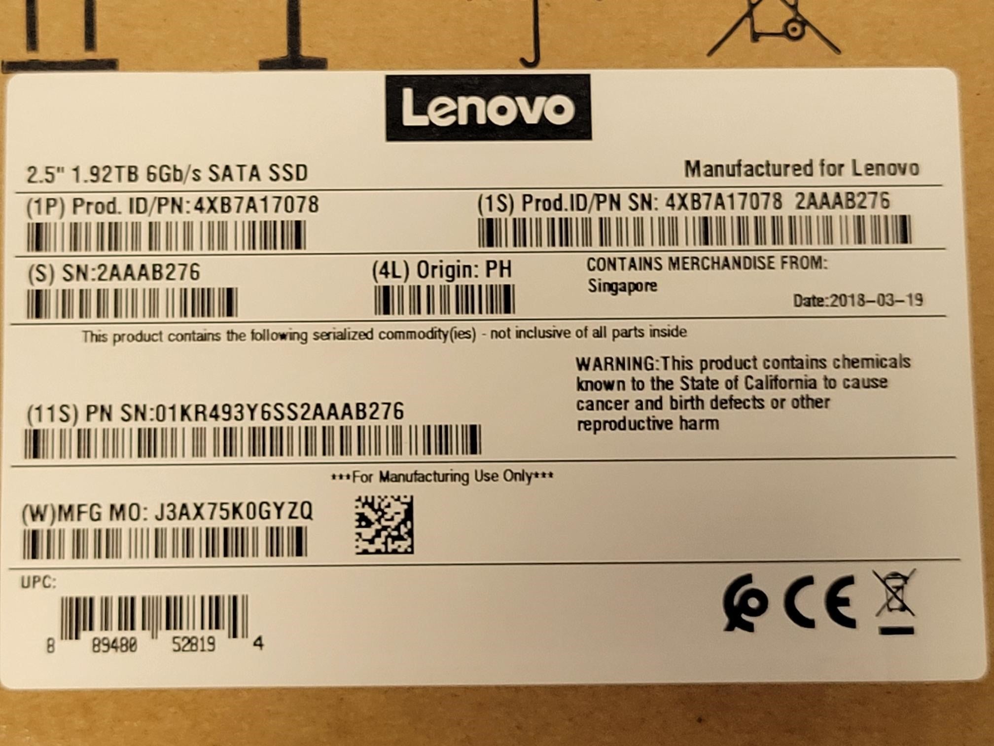 NEW Lenovo 4XB7A17078 ThinkSystem 5300 1.92TB 6G 2.5” SATA Solid State Drive SSD