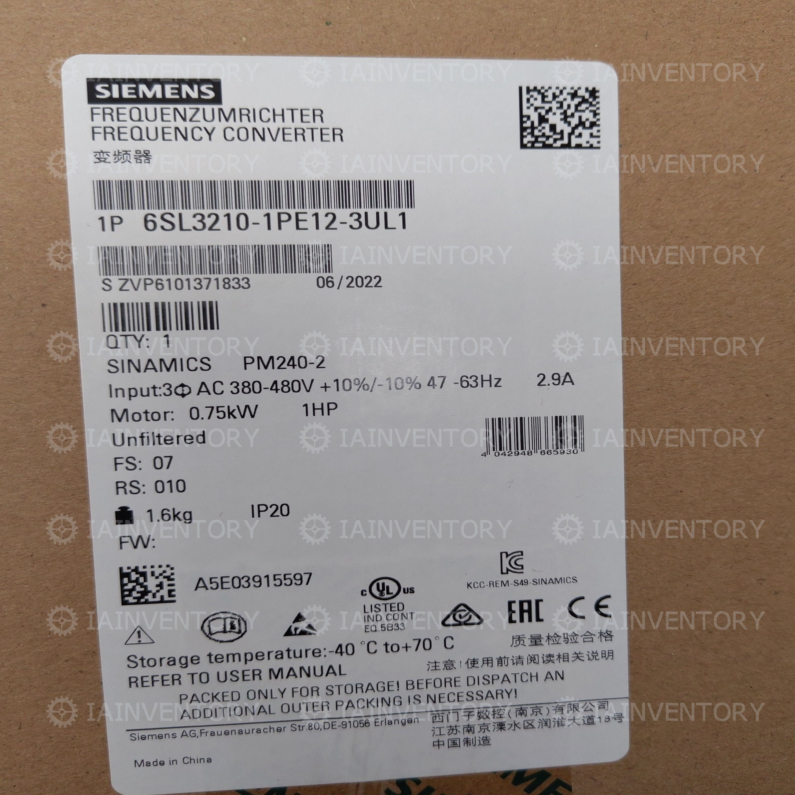 Siemens SINAMICS G120 6SL3210-1PE12-3UL1