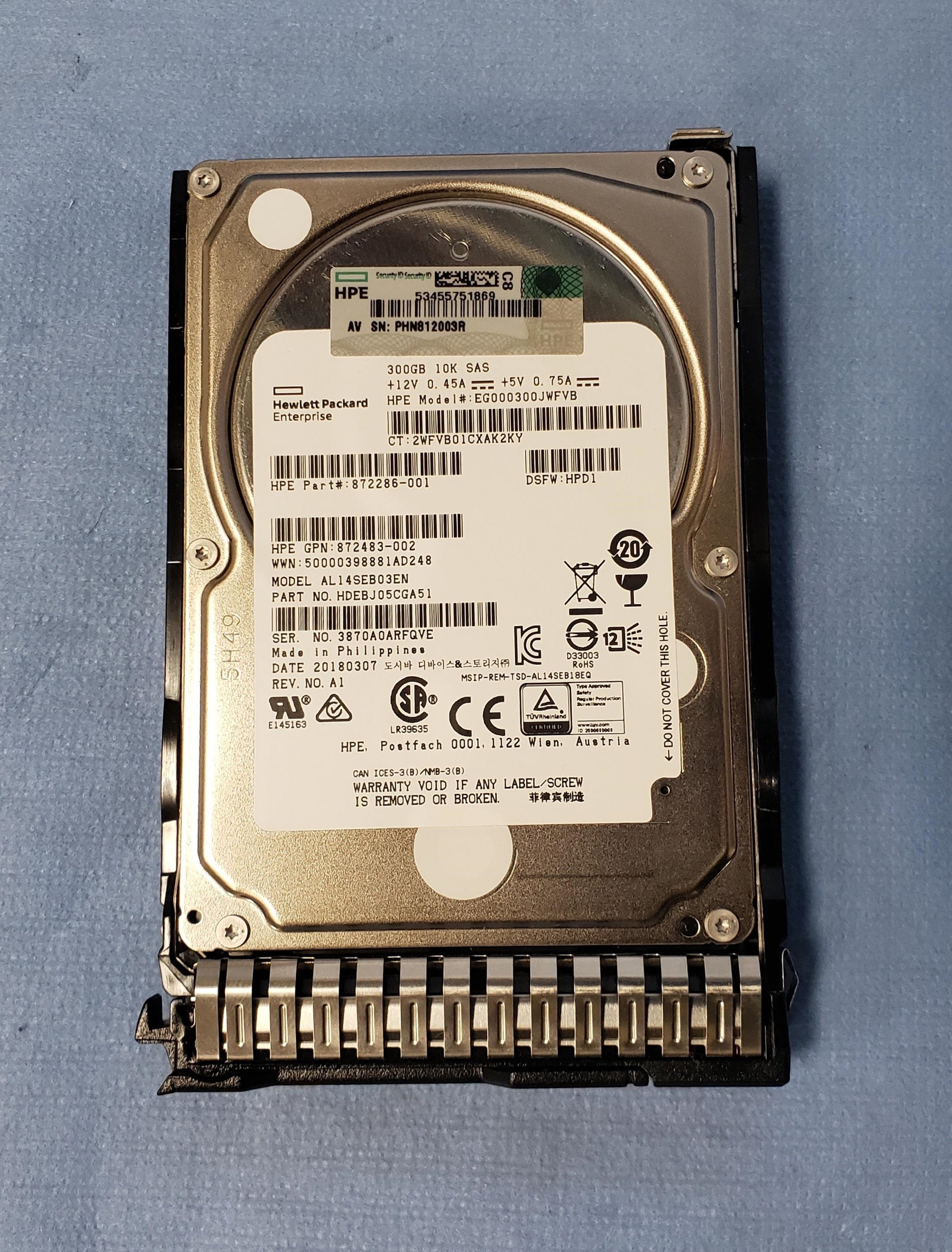 HP 872735-001 300GB 10k 12G 2.5” SFF SAS Hard Drive 872475-B21