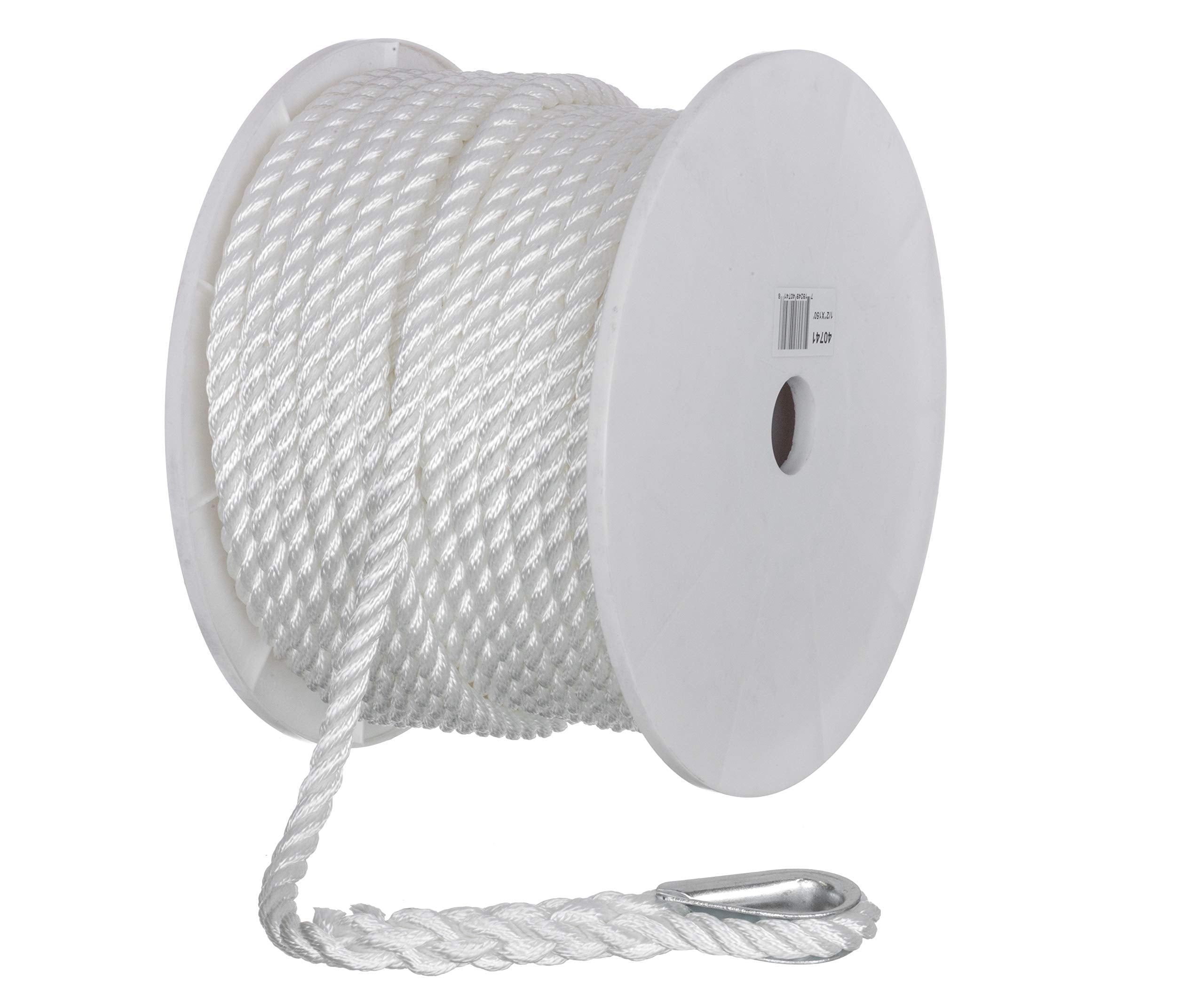 Seachoice 40741 3-Strand Twisted Nylon Anchor Line White, 1/2" x 150'