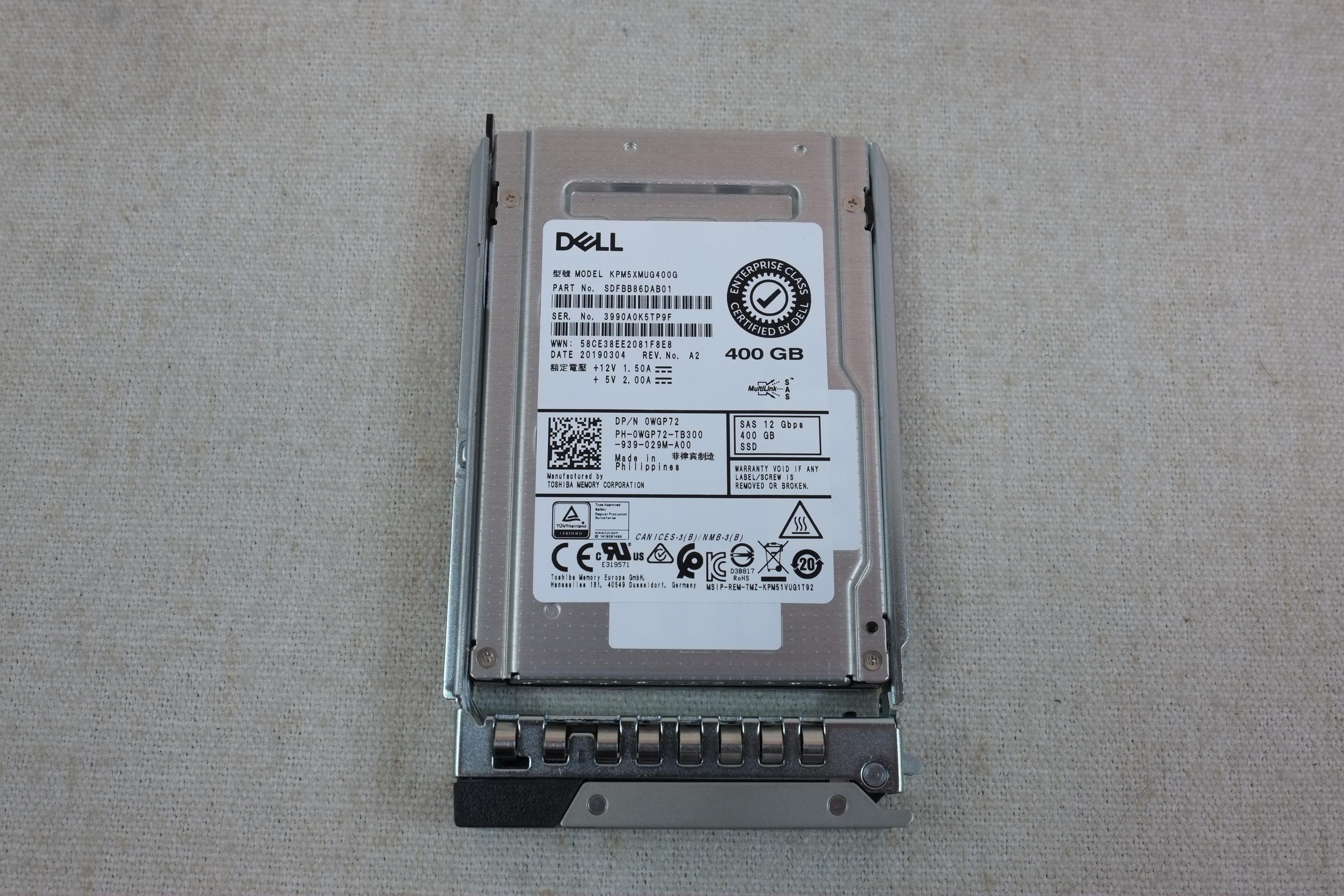 Dell WGP72 400GB 12Gb/s 2.5” SAS WI SSD KPM5XMUG400G w/ 14G Tray -Low Health