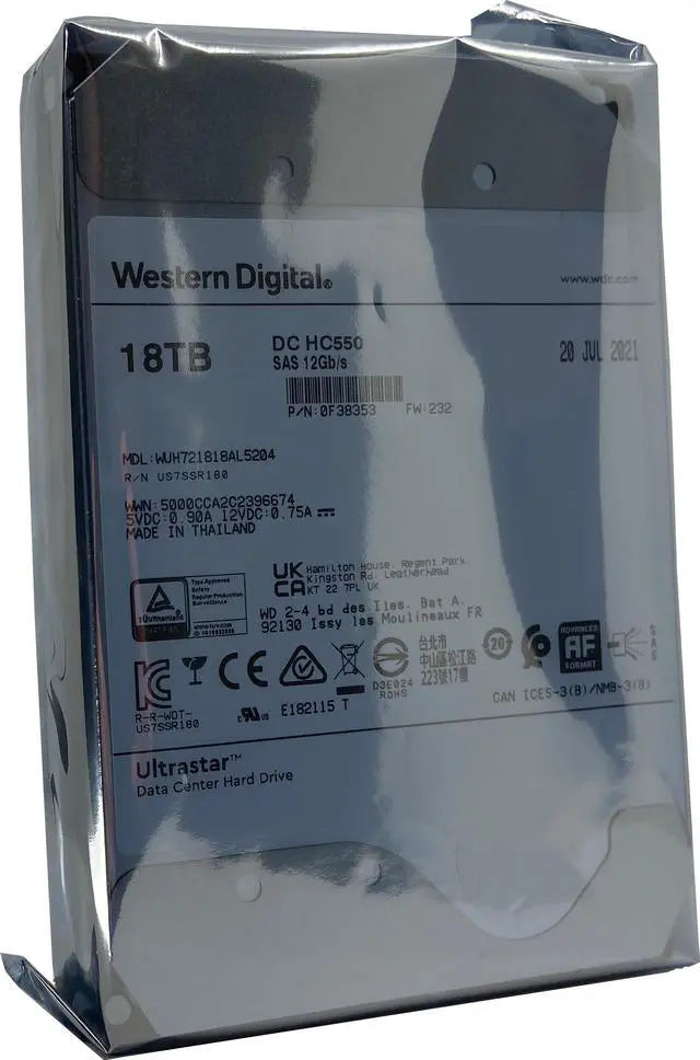 WD Ultrastar DC HC550 18TB Hard Drive 3.5" Internal 512MB 7200 RPM SAS 12Gb/s 512E SE P3 0F38353 (WUH721818AL5204