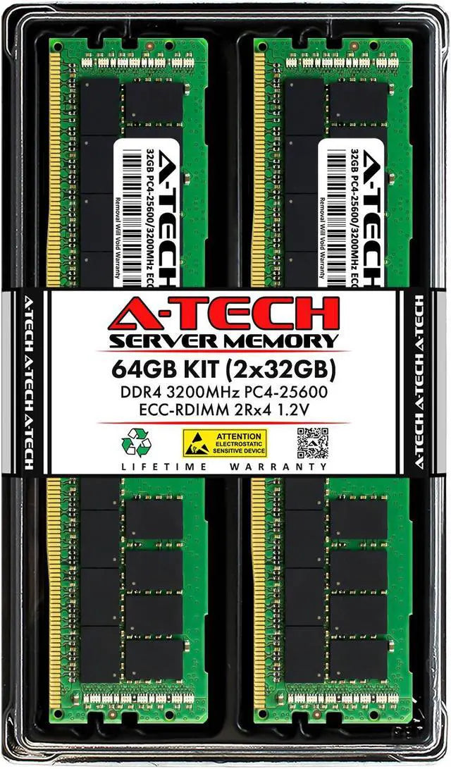 Main image of A-Tech 64GB (2x32GB) 2Rx4 PC4-25600R DDR4 3200 MHz ECC RDIMM Registered DIMM 288-Pin Dual Rank x4 Server & Workstation RAM Memory Upgrade Kit