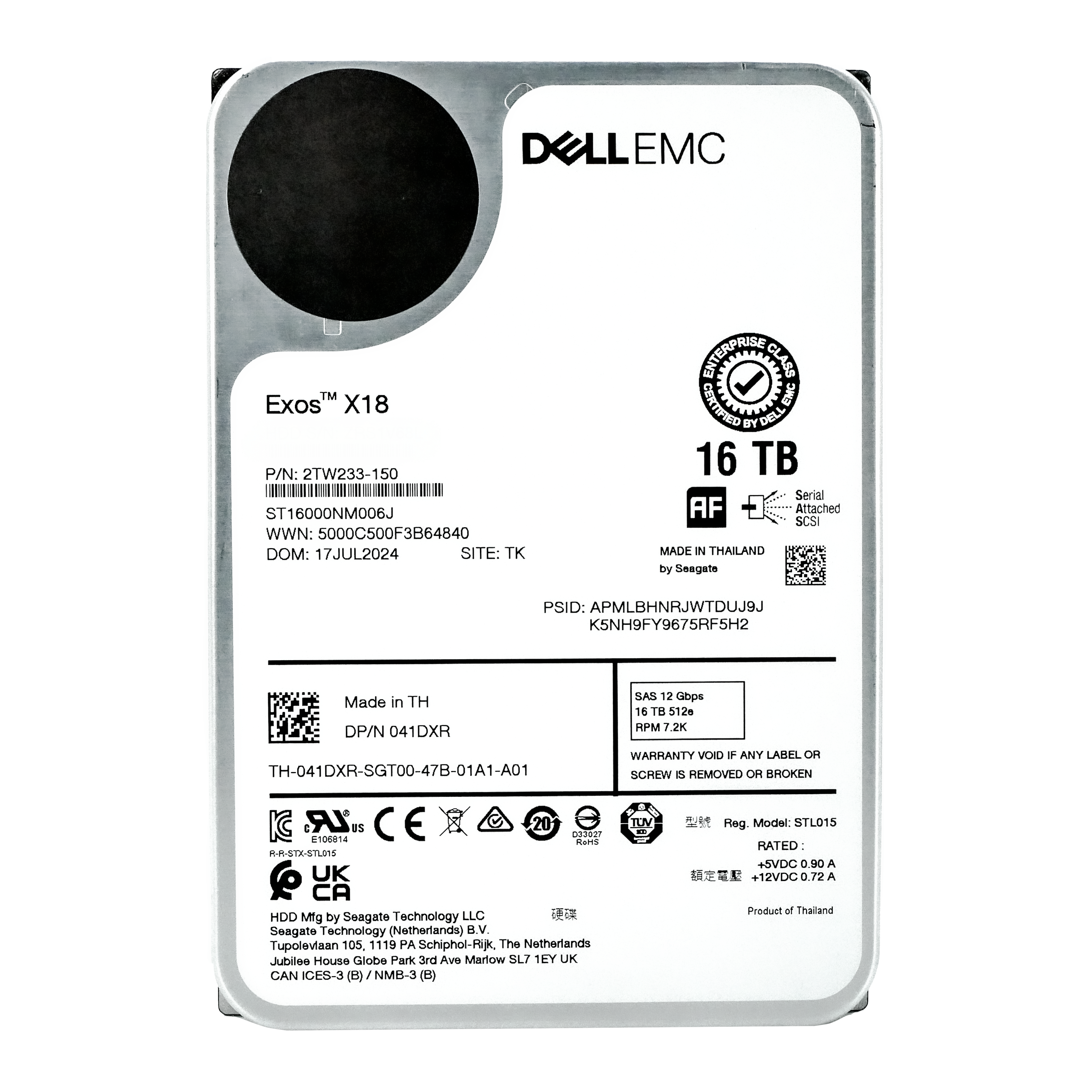 Dell/Seagate Exos X18 ST16000NM006J 16TB 7.2K RPM SAS 12Gb/s 512e 3.5in Refurbished HDD