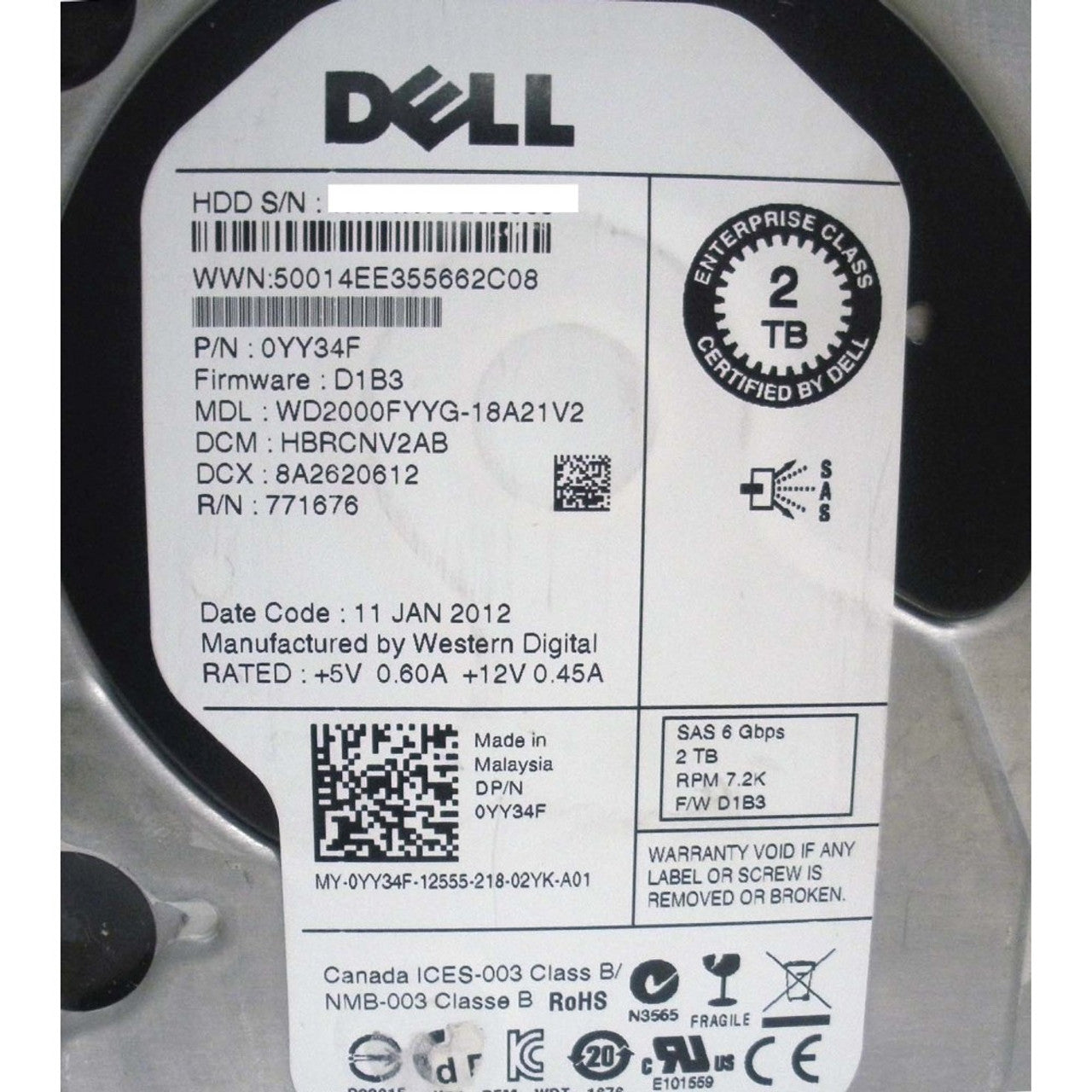 Dell YY34F Hard Drive 2TB 7.2K Nearline SAS 3.5in