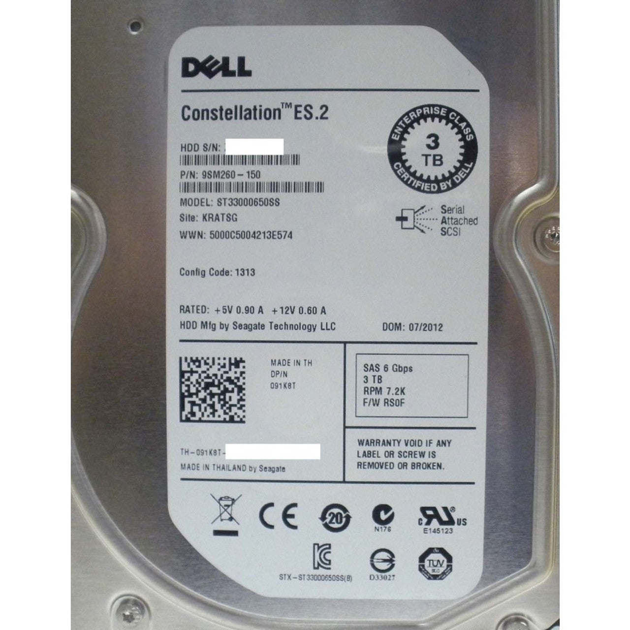 Dell 91K8T Hard Drive 3TB 7.2K SAS 3.5in