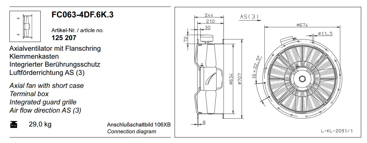 FC063-4DF.6K.3  ZIEHL-ABEGG Axial Fan 3~ 400V ± 10% 50 Hz 1.9kw, 3.2A 1360/rpm