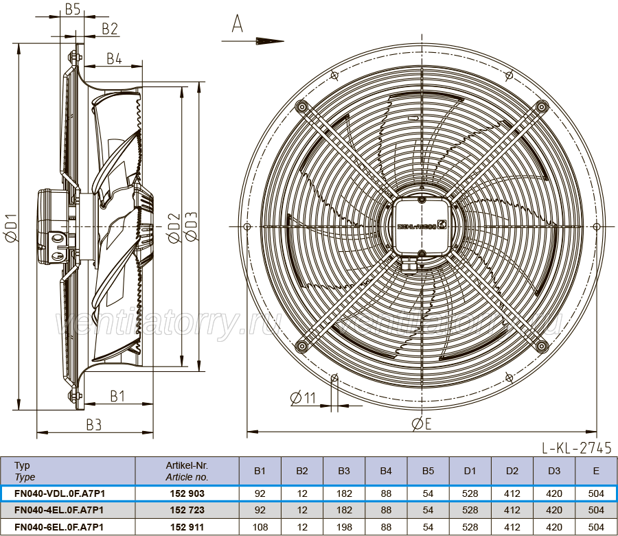 FN040-VDL.0F.A7P1 ZIEHL-ABEGG Axial Fan 3~400V 0.23/0.17kW 0,44/0,27A 1370/1110rpm