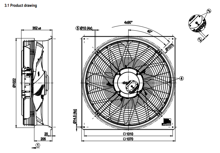 W3G910-LV12-36/F01 ebm papst fan 3250 W 3~400V 5.0 A 1070 rpm