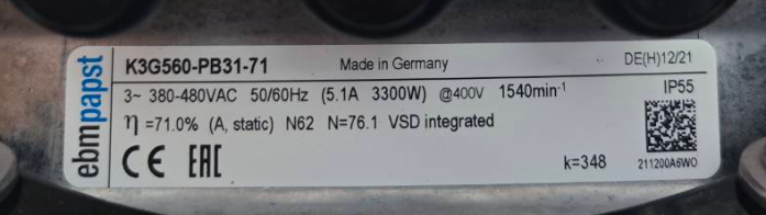 K3G560-PB31-71 Ebm-papst FAN Motor M3G150-IF 400V 3.3KW 5.1A 1540RPM