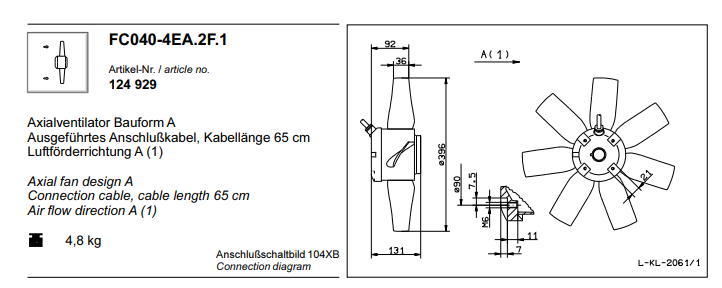 FC040-4EA.2F.1 ZIEHL-ABEGG Axial Fan 230V 0.29 kW 1.45A 1350 rpm