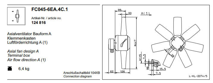 FC045-6EA.4C.1 ZIEHL-ABEGG Axial Fan 230V 0.17 kW 0.75A 930rpm