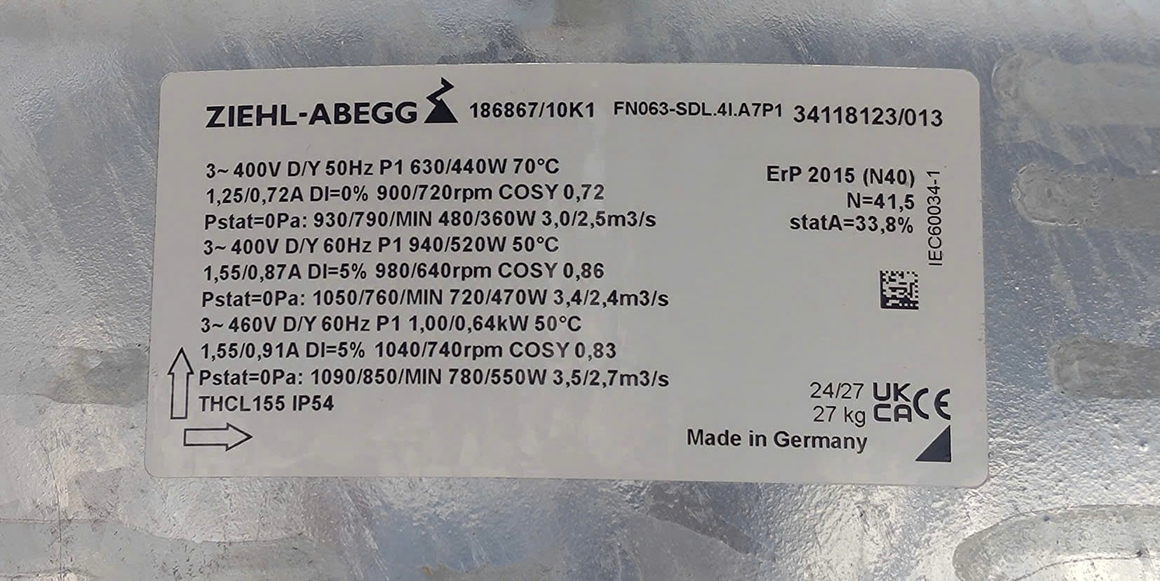 FN063-SDL.4I.A7P1 ZIEHL-ABEGG Axial Fan 380/480V 0.36/0.78 kW 0.59/1.25 A