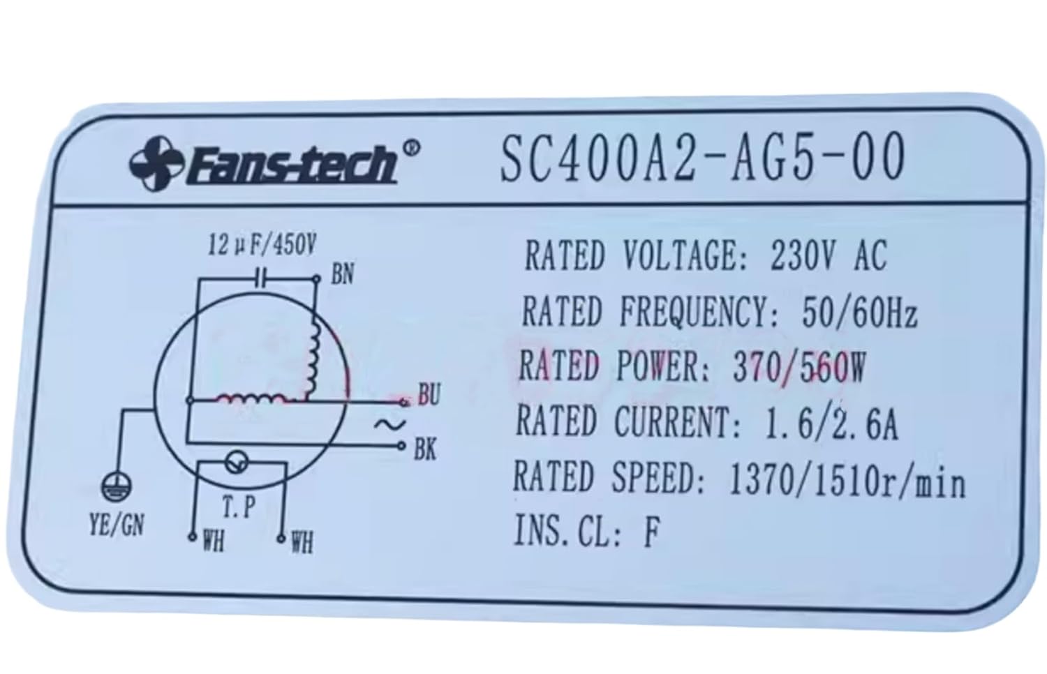 Fans-tech SC400A2-AG5-00 Centrifugal fan 230V 370/560W 0.50A 1370/1510rpm 50/60Hz