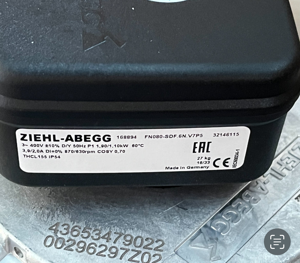 FN080-SDF.6N.V7P5 ZIEHL-ABEGG Axial Fan 3~400V 2.1 /1.15kW 4.2/2.2 A 860/620 rpm