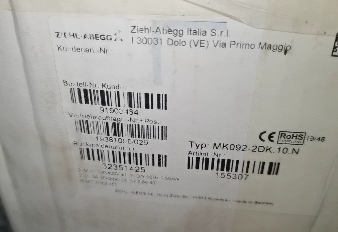MK092-2DK.10.N
 ZIEHL-ABEGG Inverter fan motor, 3 pole, 230/400V, 2640rpm, 0.55kW, 50Hz