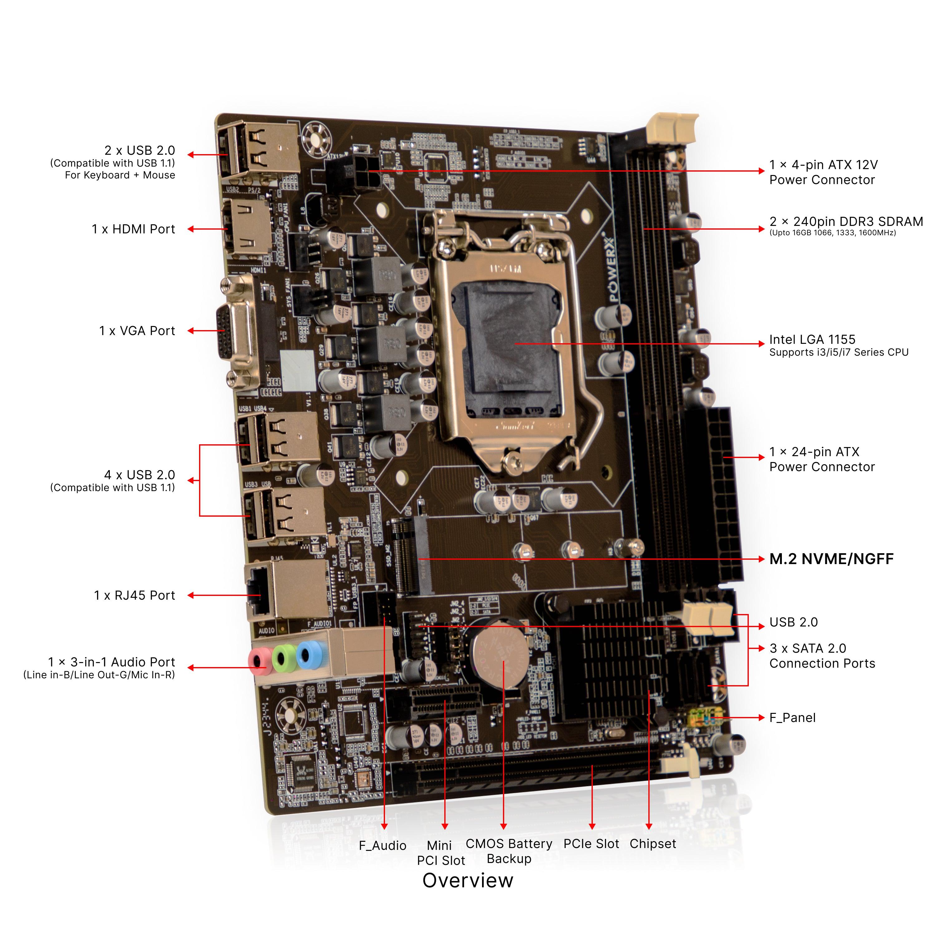 POWERX PMB-H61-DDR3 Motherboard | Intel LGA1155 Socket | DDR3 RAM | H61 Chipset | 16GB Max Memory | NVMe, HDMI, USB | Micro-ATX