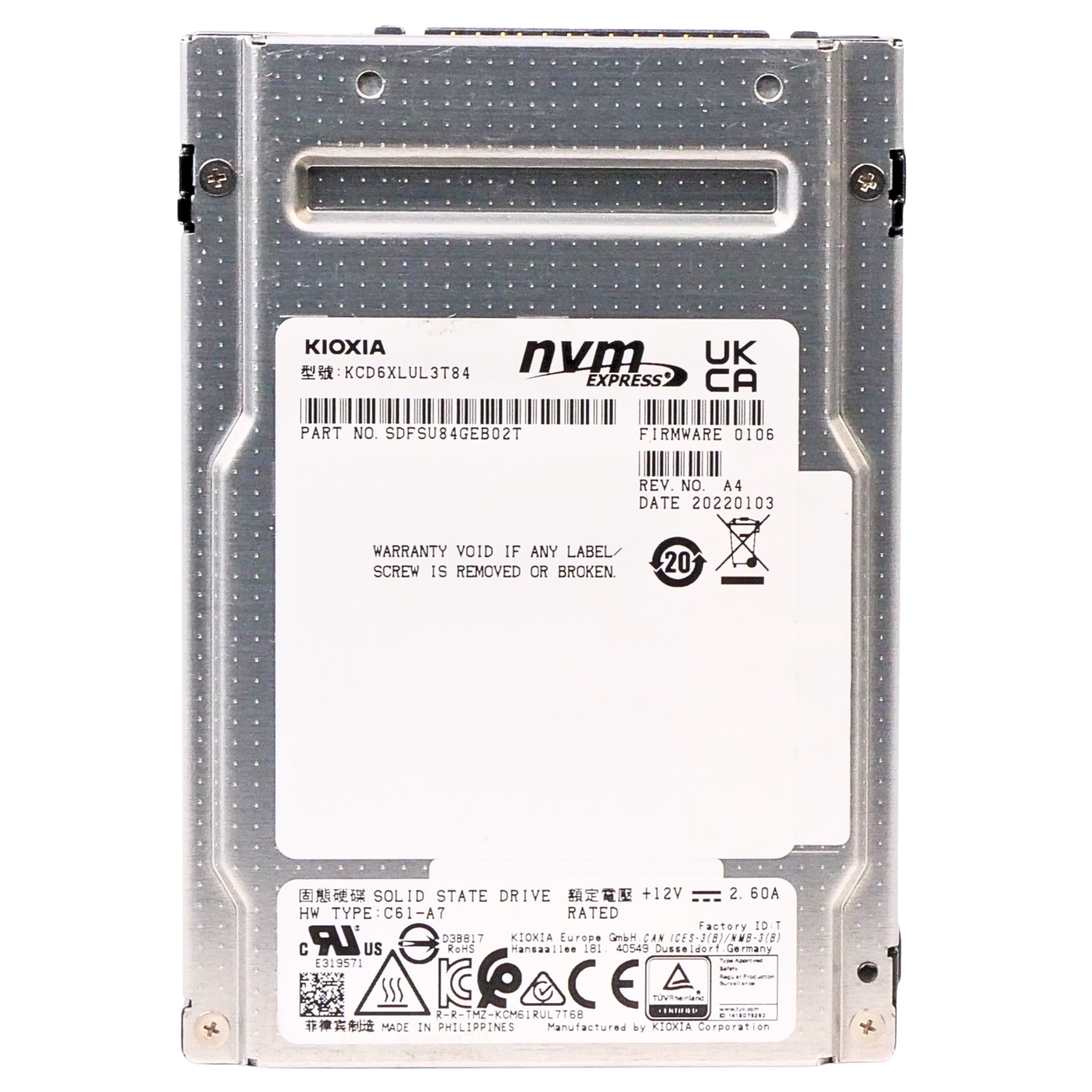 Kioxia CD6-R KCD6XLUL3T84 3.84TB 1 DWPD PCIe Gen 4.0 x4 8GB/s 3D TLC U.2 NVMe 2.5in Refurbished SSD