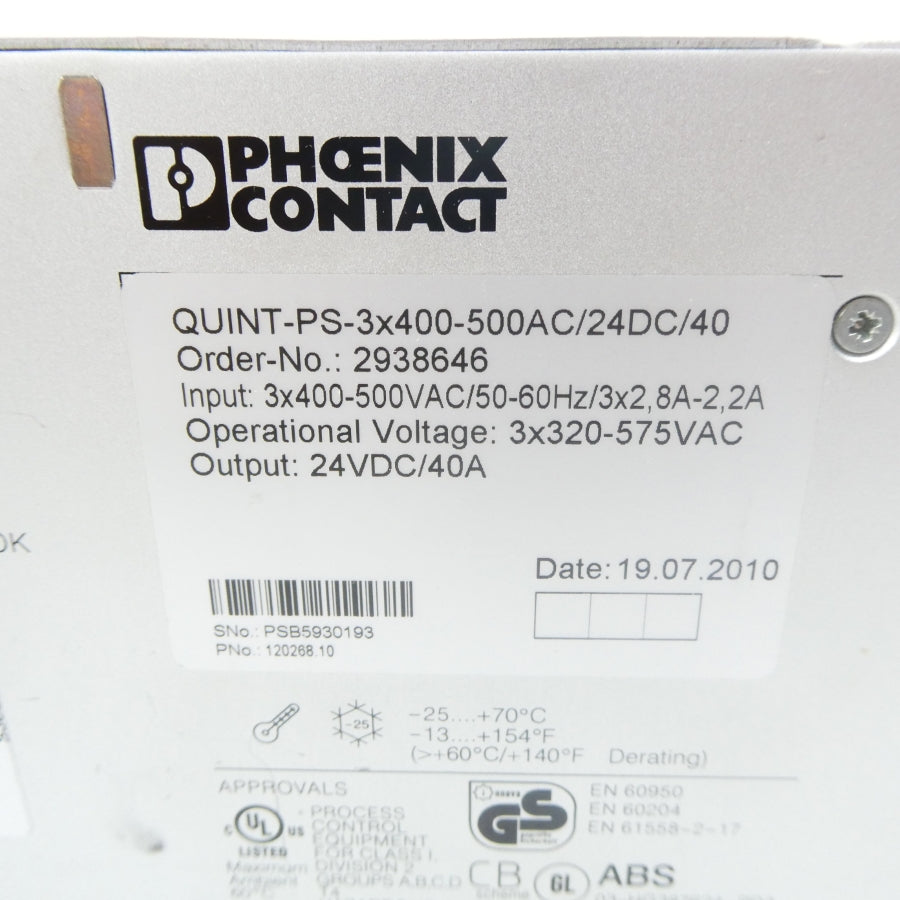 PHOENIX CONTACT QUINT-PS-3X400-500AC/24C/40 2938646 400-500VAC 2.8-2.2A NSNP