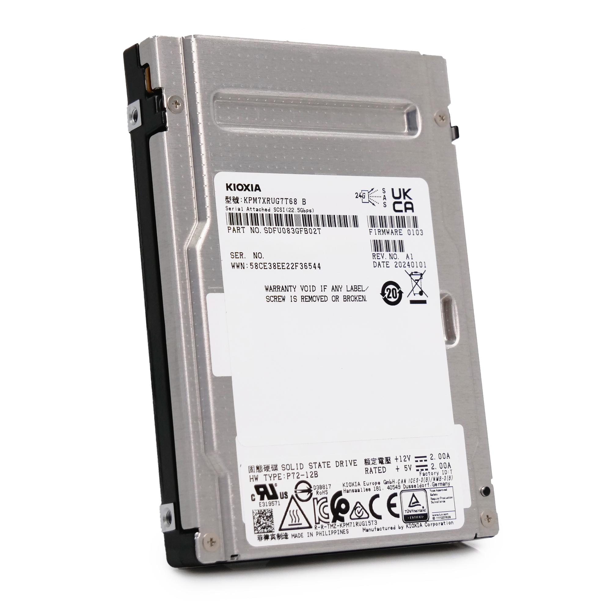 Kioxia PM7-R KPM7XRUG7T68 7.68TB 1 DWPD SAS-4 25Gb/s Read Intensive TLC 2.5in Enterprise Solid State Drive