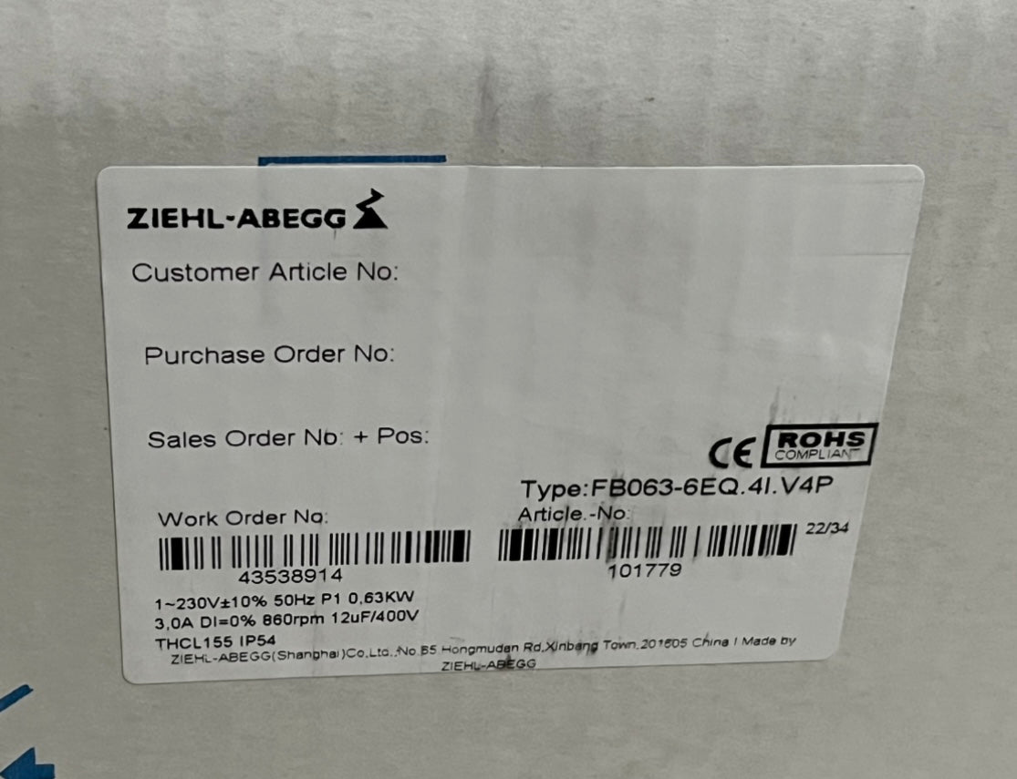 FB063-6EQ.4I.V4P ZIEHL-ABEGG Axial Fan 1~230V 0.63KW 3.0A 860rpm