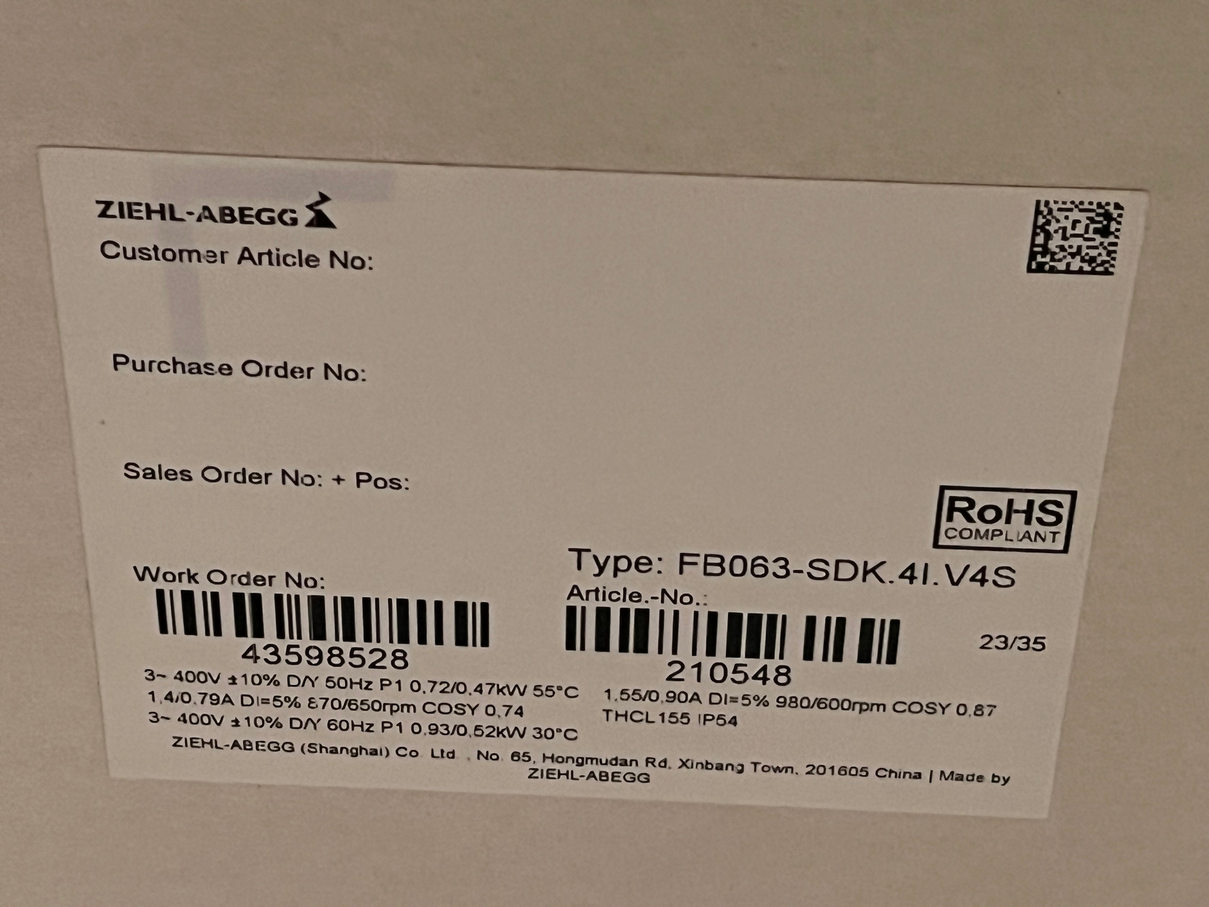 FB063-SDK.4I.V4S ZIEHL-ABEGG Axial Fan 3~400V 0.93/0.47kW 1.55/0.79A
