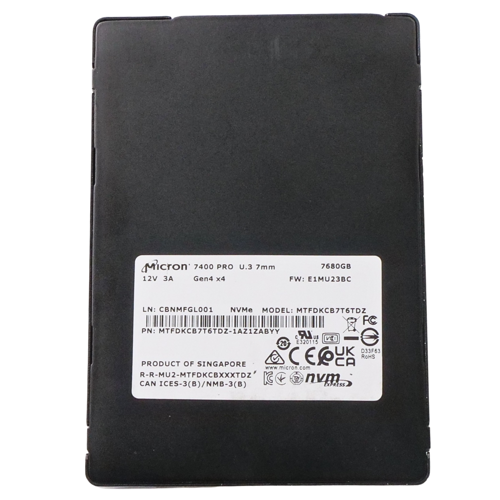 Micron 7400 PRO MTFDKCB7T6TDZ 7.68TB 1 DWPD PCIe Gen 4.0 x4 8GB/s 3D TLC U.3 NVMe 2.5in SSD
