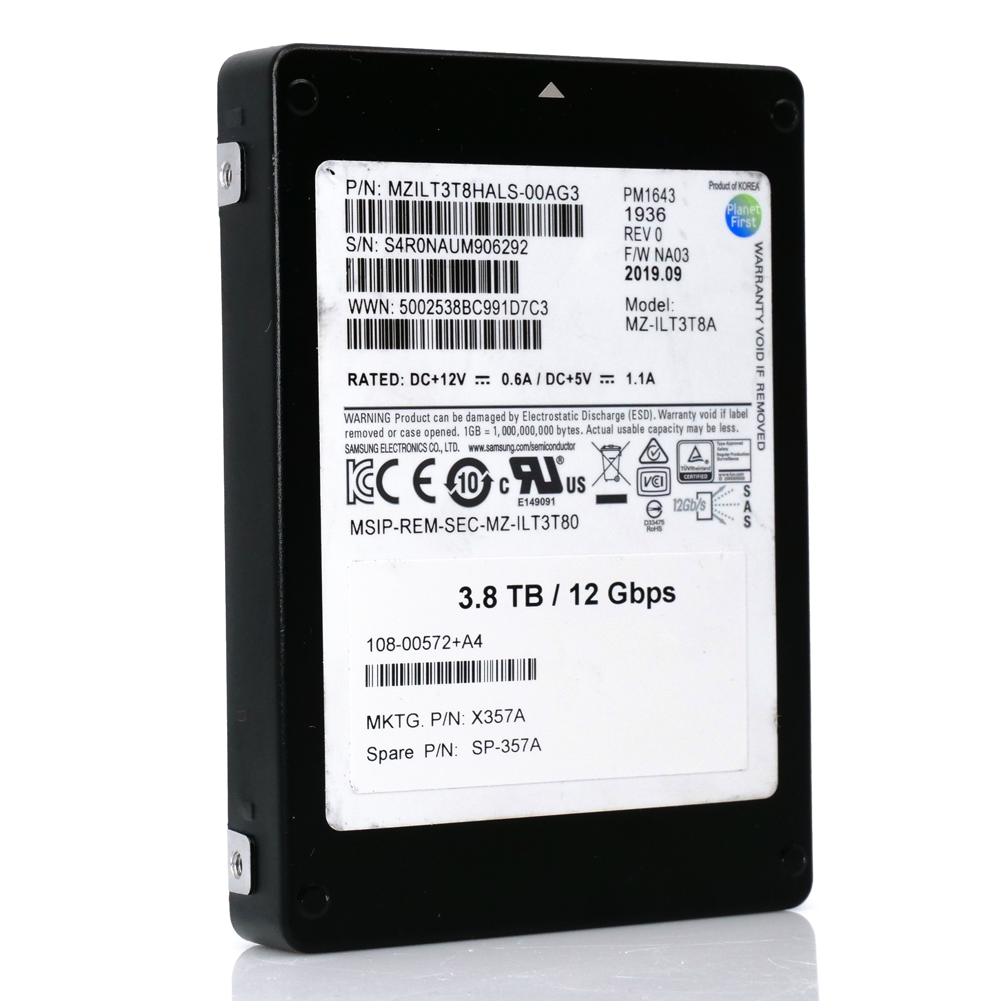 Samsung PM1643 MZILT3T8HALS 3.84TB 1 DWPD SAS 12Gb/s 512e 2.5in Refurbished SSD