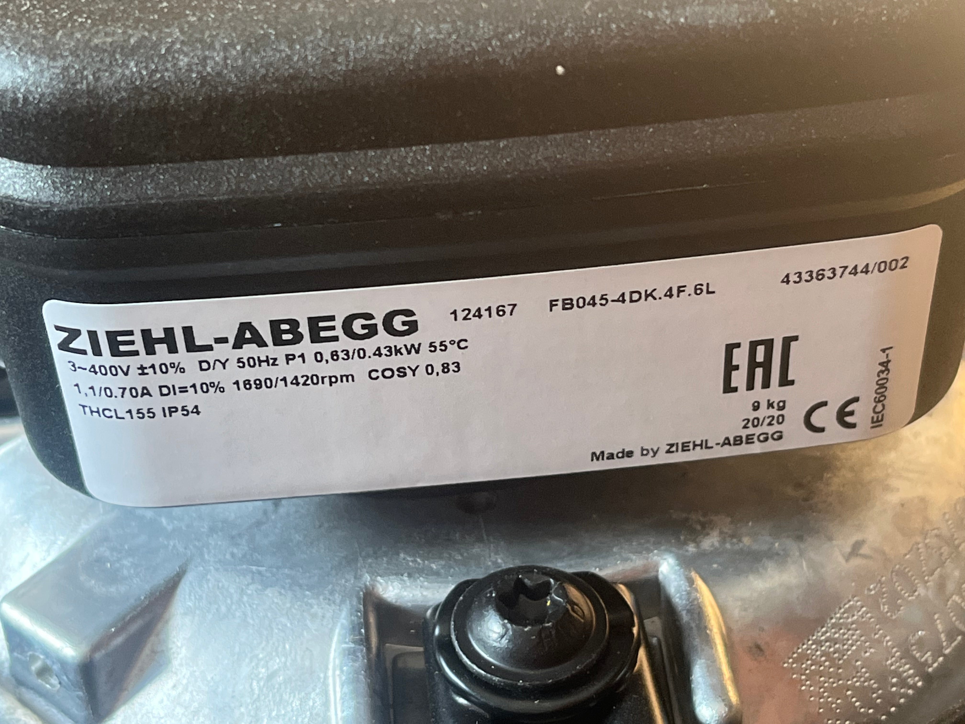 FB045-4DK.4F.6L ZIEHL-ABEGG Axial Fan 400v 0.63/0.43kW 1.1/0.7A 1690/1420rpm