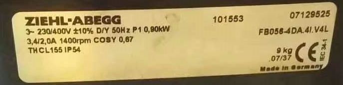FB056-4DA.4I.V4L  ZIEHL-ABEGG Axial Fan 400V 0.9kW 3.4/2.0A 1400rpm