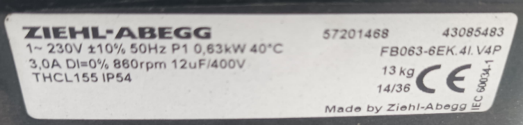 FB063-4EK.4I.V4P ZIEHL-ABEGG Axial Fan 0.63kW 230V 3.0A 860rpm