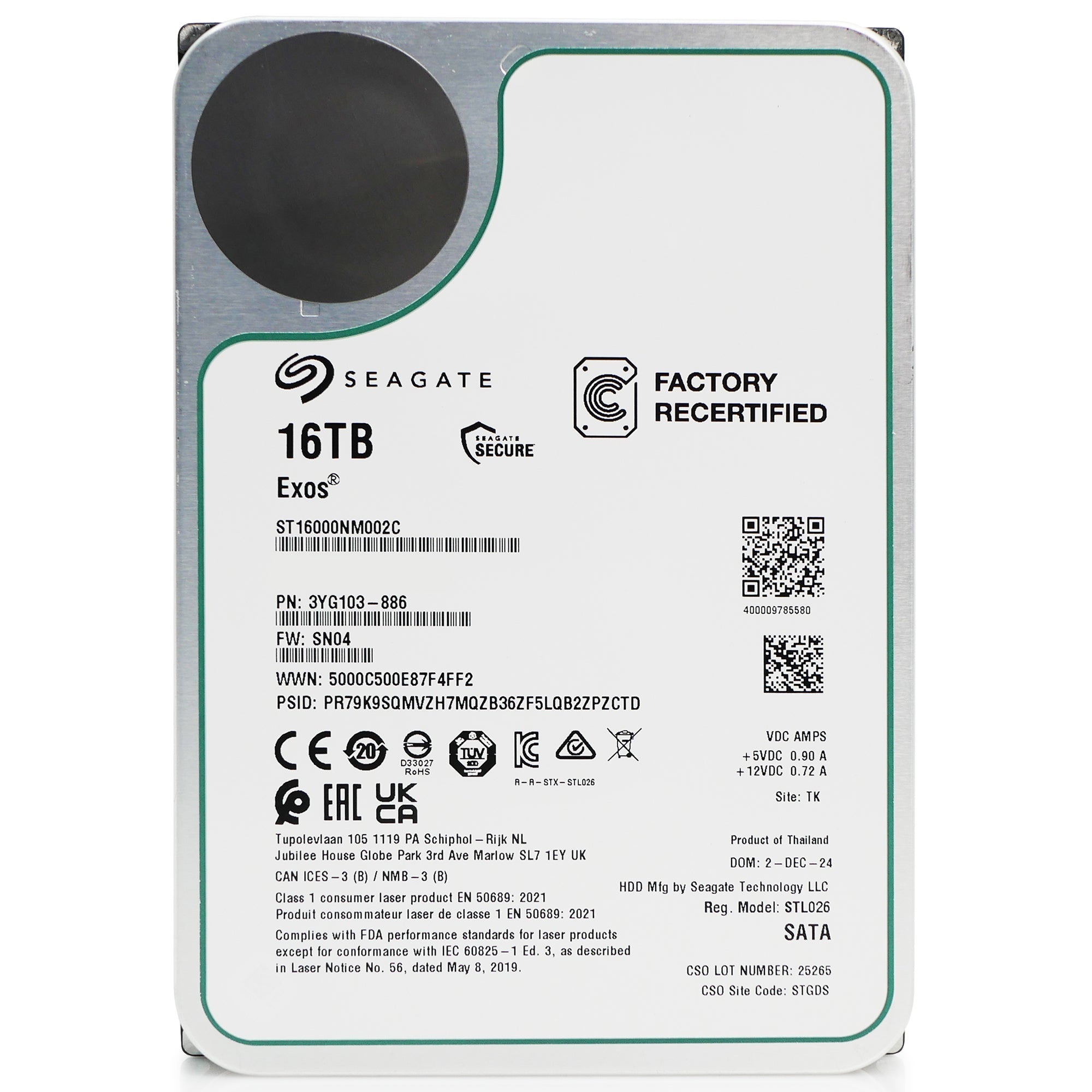 Seagate Exos X16 ST16000NM002C 16TB 7.2K RPM SATA 6Gb/s 512e 3.5in Recertified Hard Drive