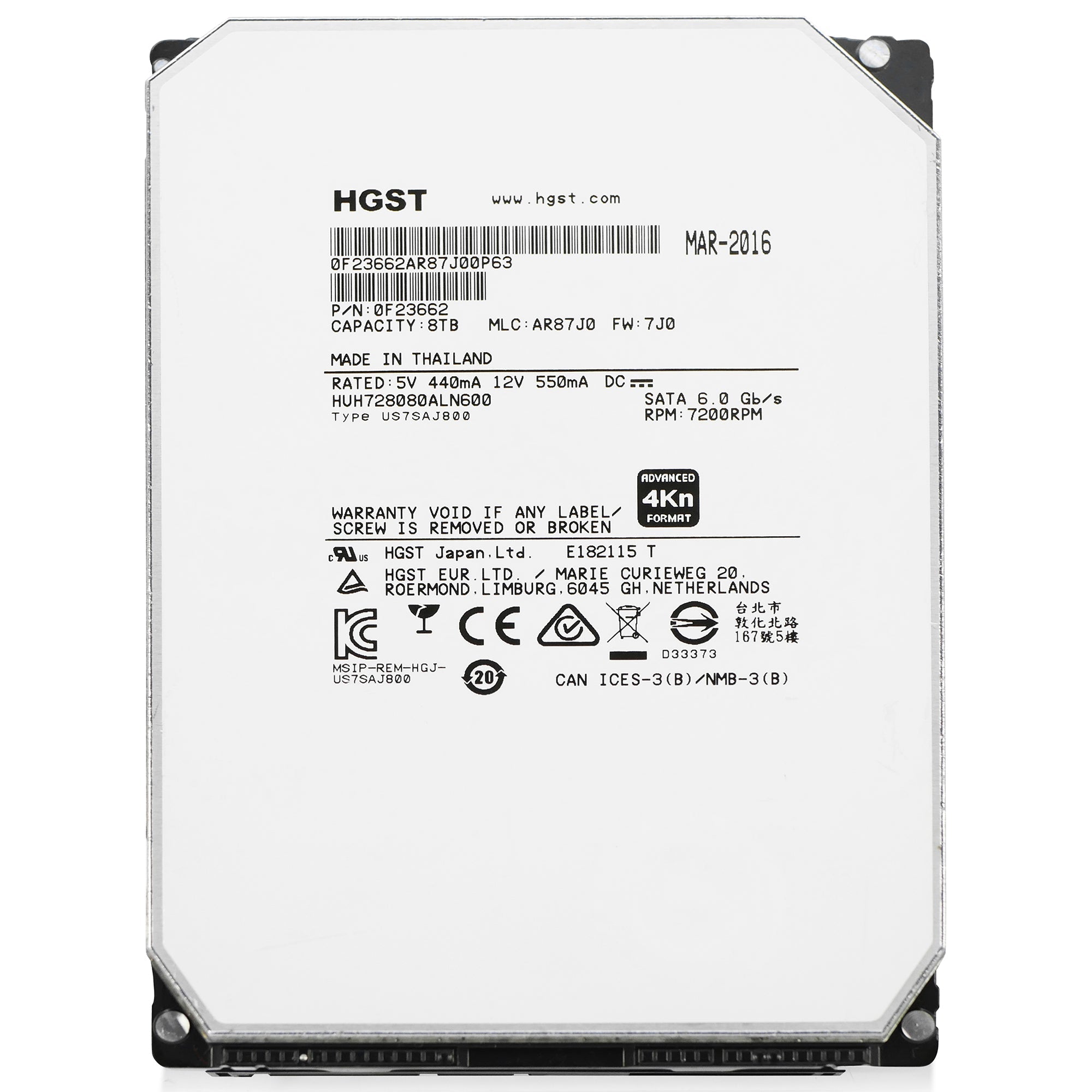 HGST Ultrastar He8 HUH728080ALN600 0F23662 8TB 7.2K RPM SATA 6Gb/s 128MB 4Kn 3.5" HDD